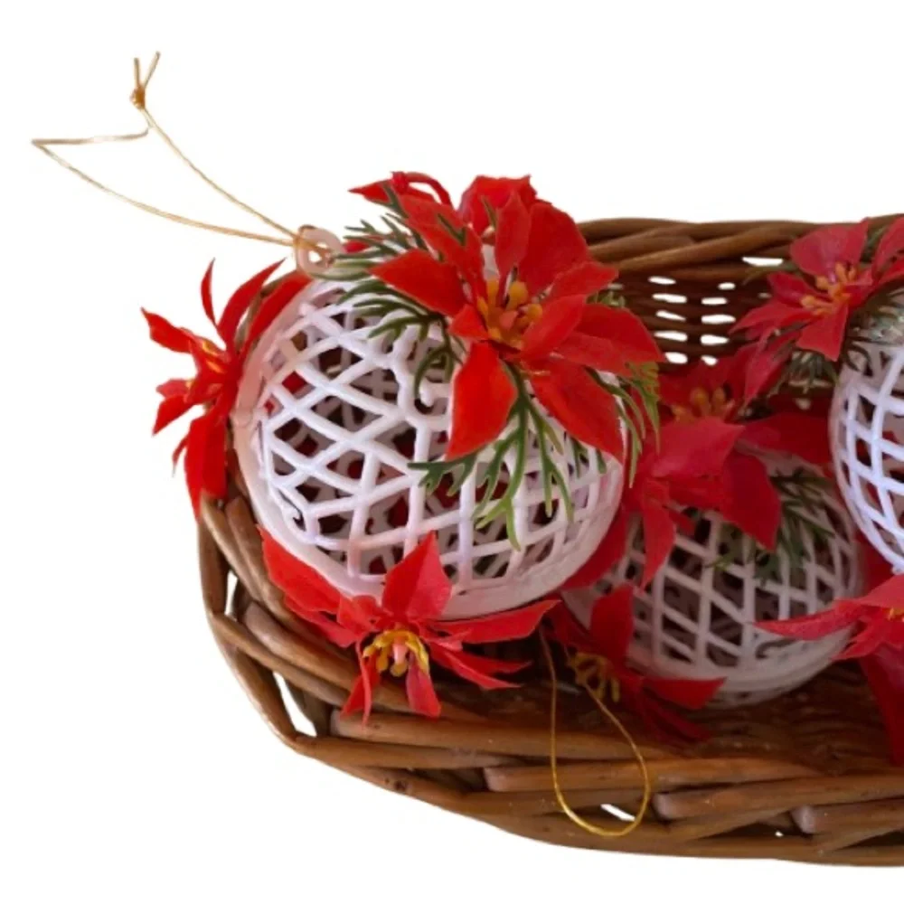 Vintage Poinsettia White Lattice Cage Plastic Ornaments Set of 5 Kitschy Retro